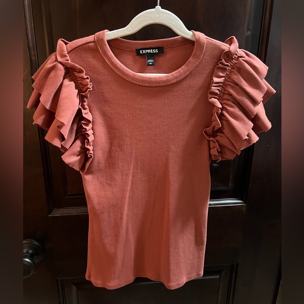 Fitted Smocked Ruffle Neck Flutter Sleeve Tee